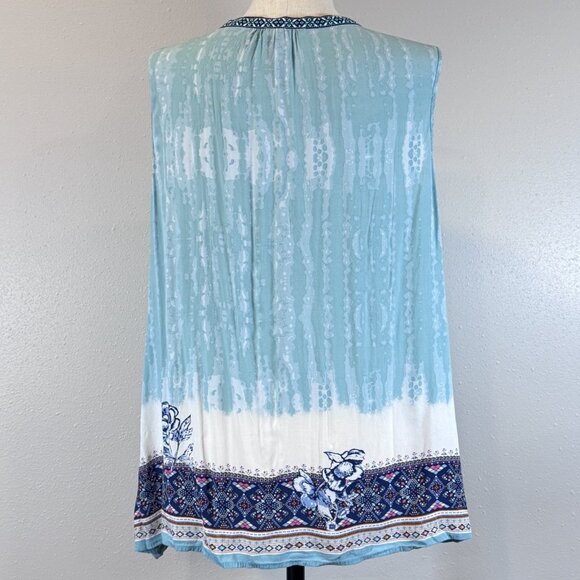 DR2 Womens Tunic Top Blue Sleeveless Tie Dyed Rose Rayon Tie Fringe Boho Size 2X - Picture 2 of 12